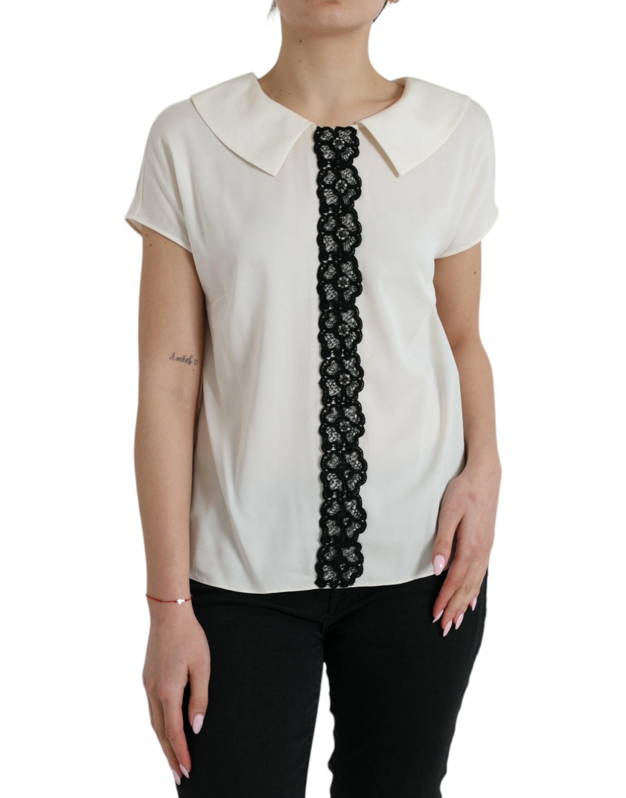 Elegant off-white silk blouse with lace trim