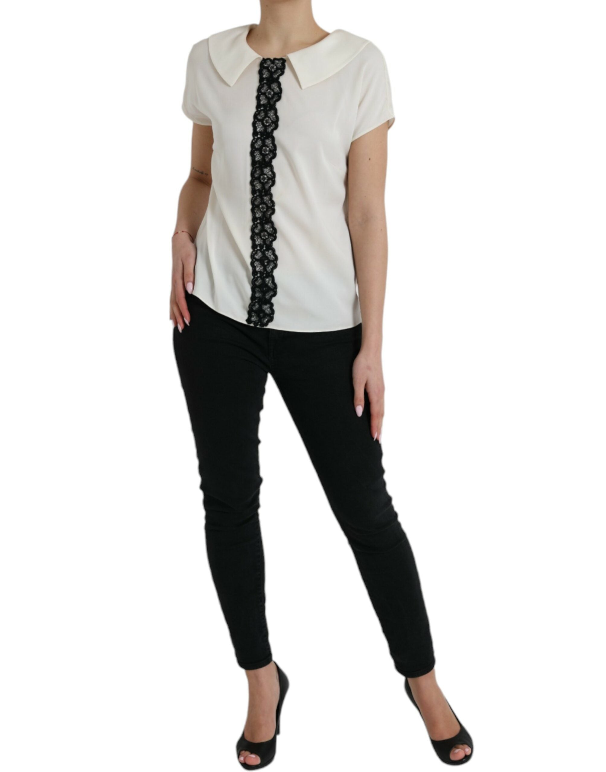 Elegant off-white silk blouse with lace trim