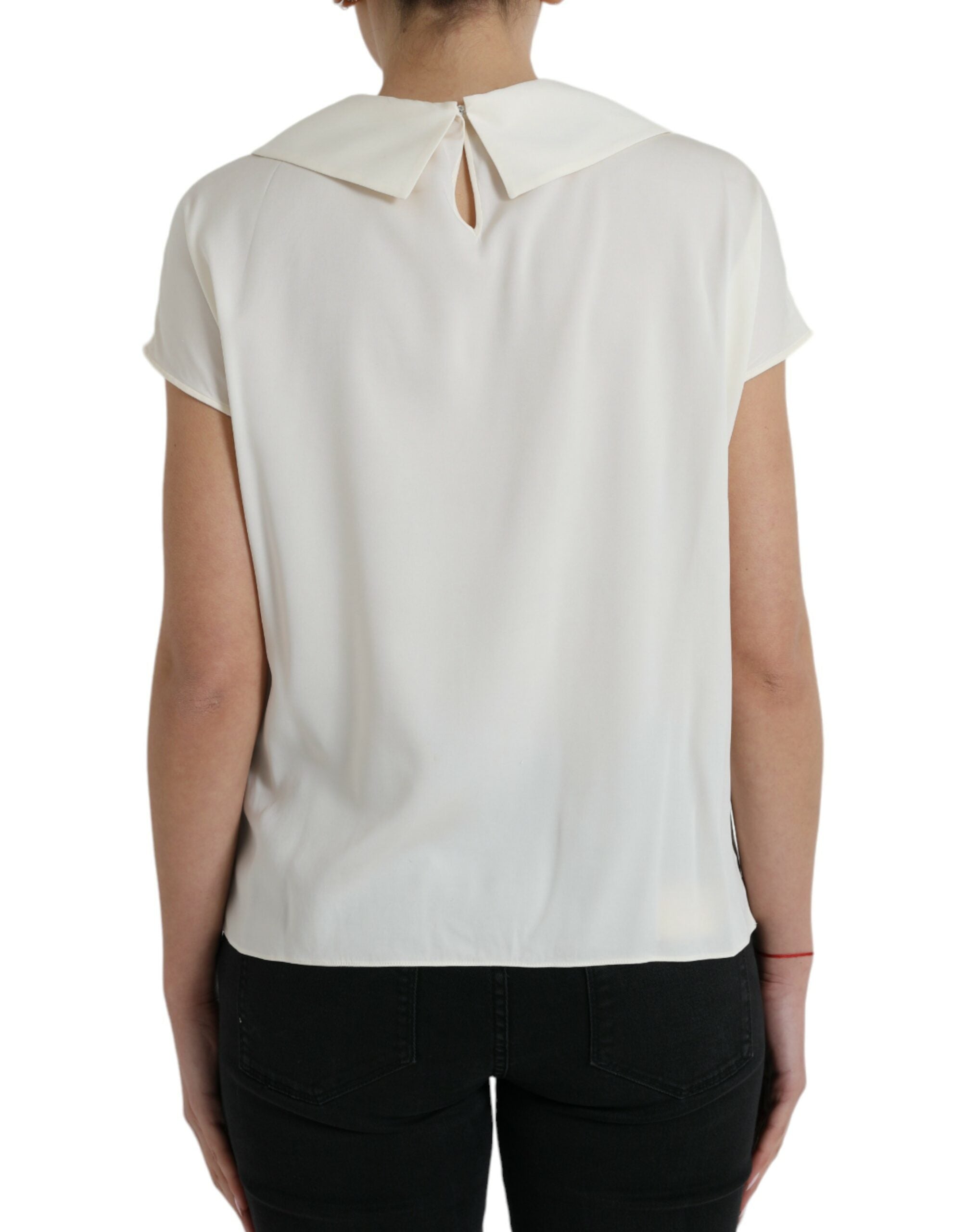 Elegant off-white silk blouse with lace trim
