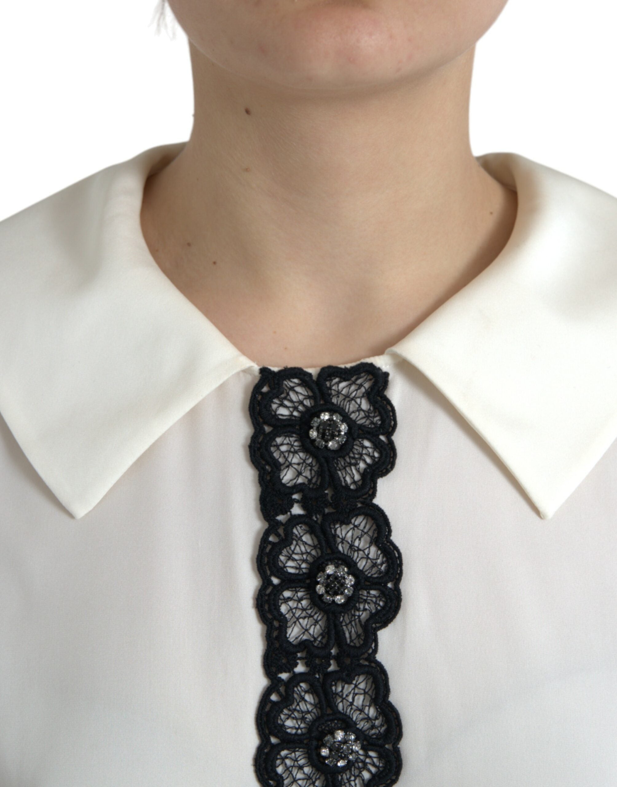 Elegant off-white silk blouse with lace trim