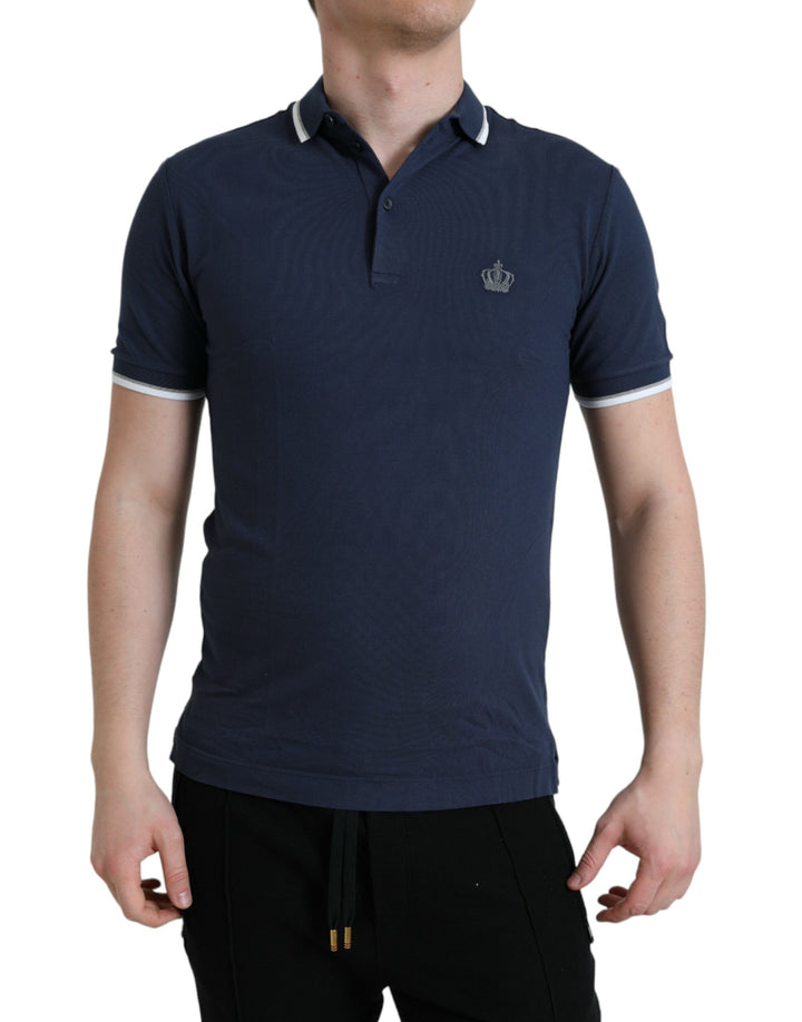Blaues Crown Patch Baumwoll-Polo-T-Shirt mit Kragen für Männer