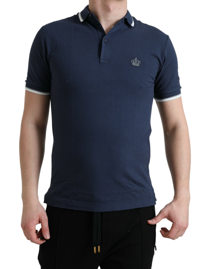 Blaues Crown Patch Baumwoll-Polo-T-Shirt mit Kragen für Männer