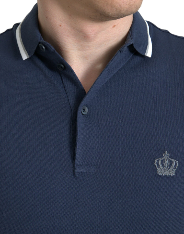 Blaues Crown Patch Baumwoll-Polo-T-Shirt mit Kragen für Männer