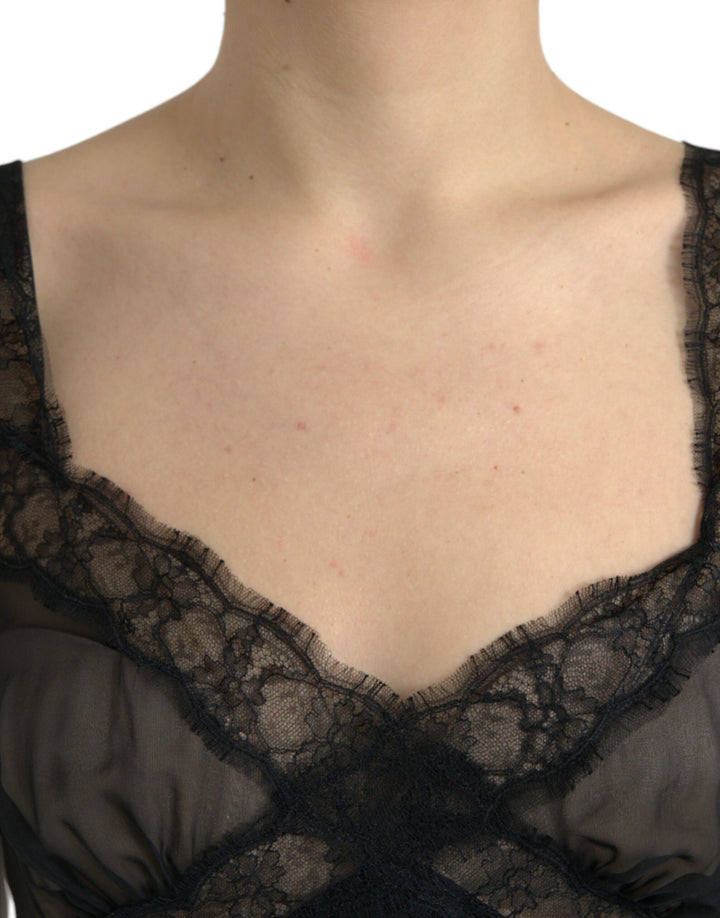 Schwarzes Minikleid aus Seide mit plissierter Spitze und Chiffon