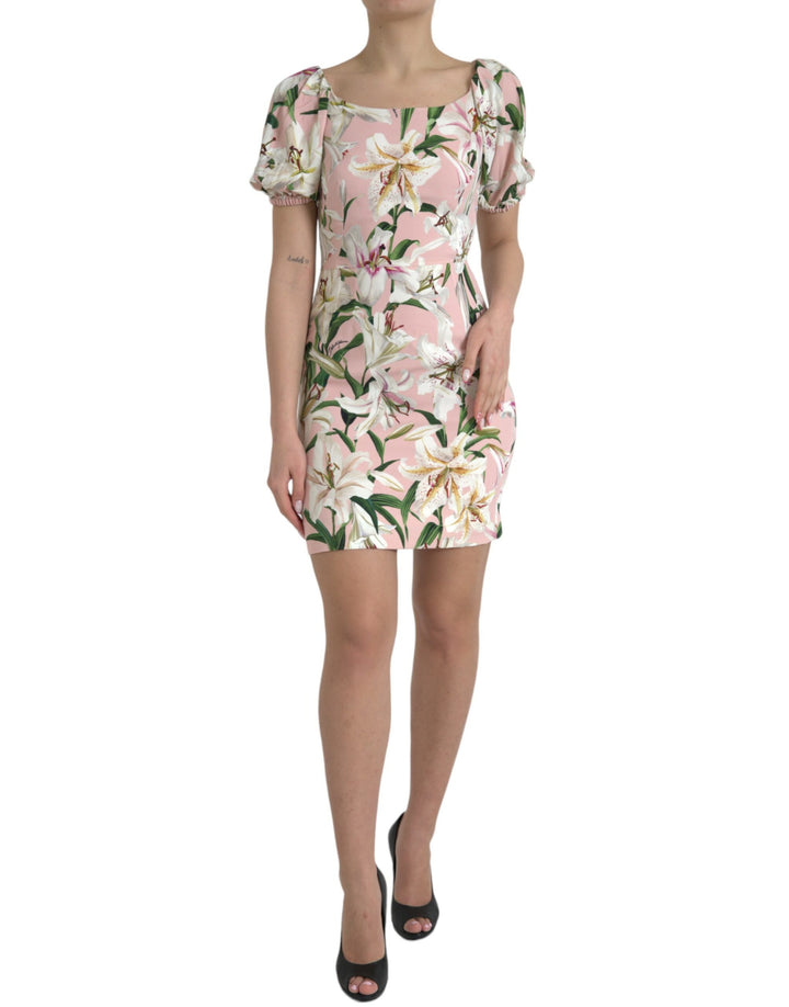 Elegant pink sheath dress with lily pattern