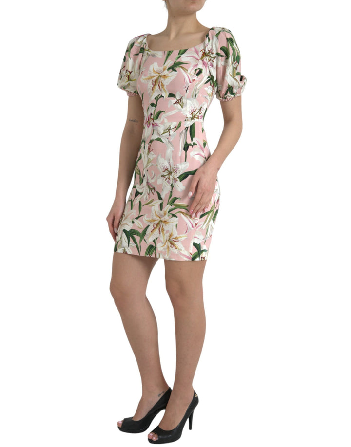 Elegant pink sheath dress with lily pattern