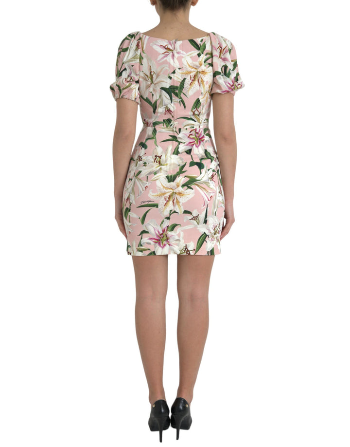 Elegant pink sheath dress with lily pattern