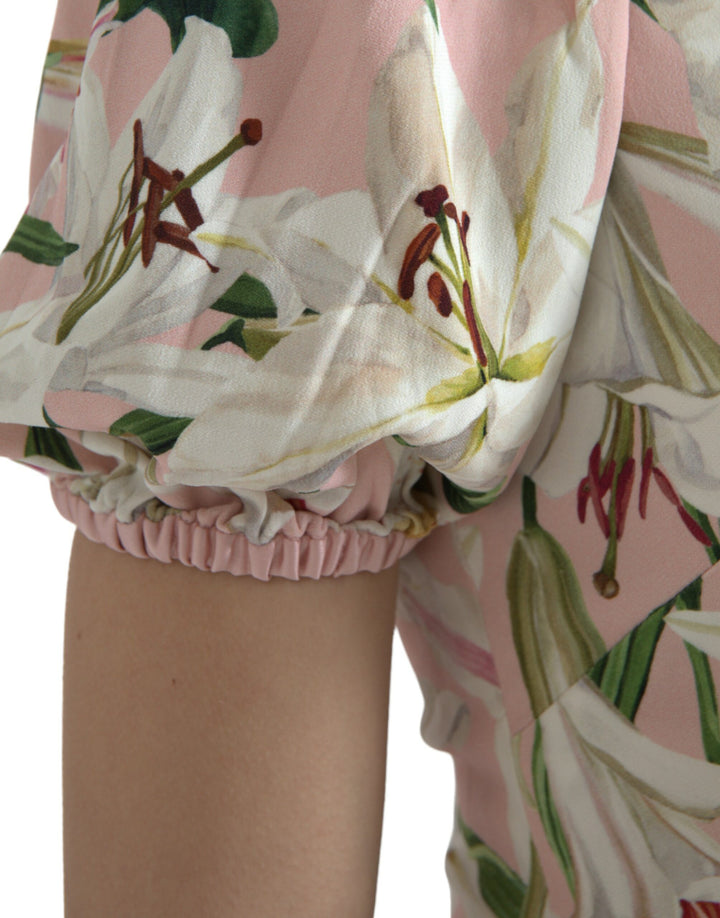 Elegant pink sheath dress with lily pattern