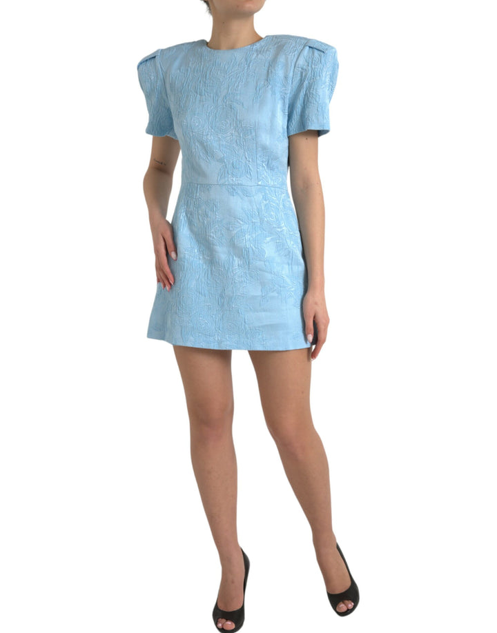 Elegant sky blue mini dress in floral jacquard