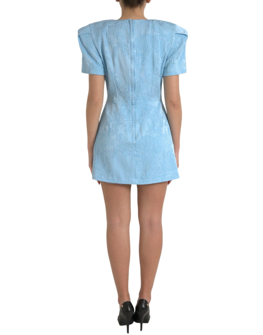 Elegant sky blue mini dress in floral jacquard