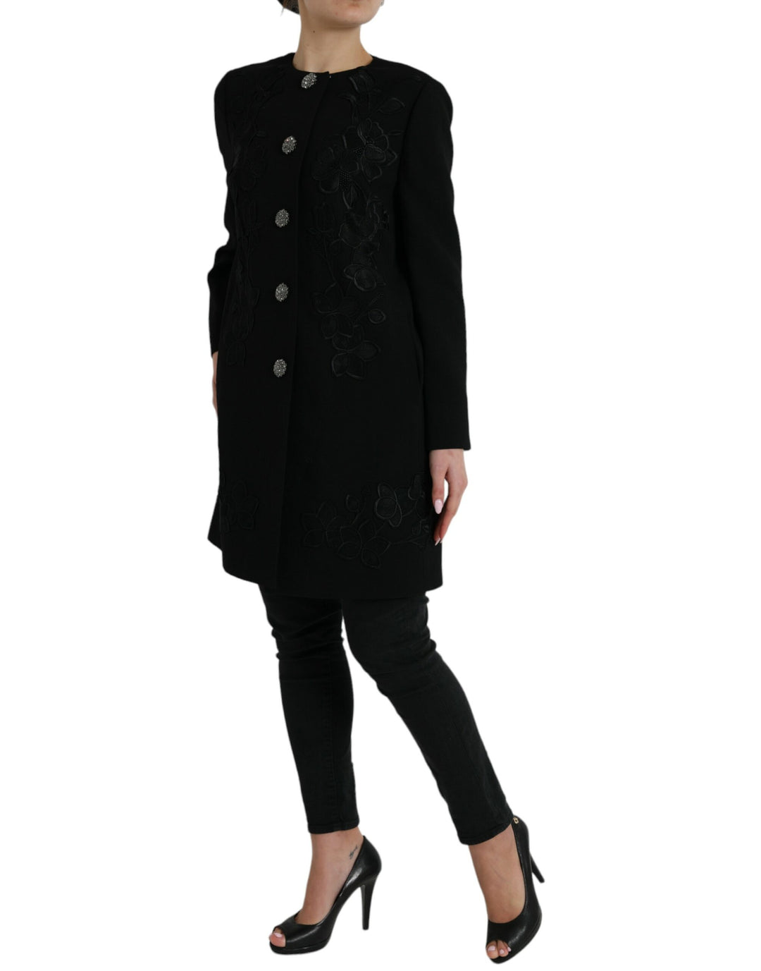 Elegant floral wool trench coat with buttons
