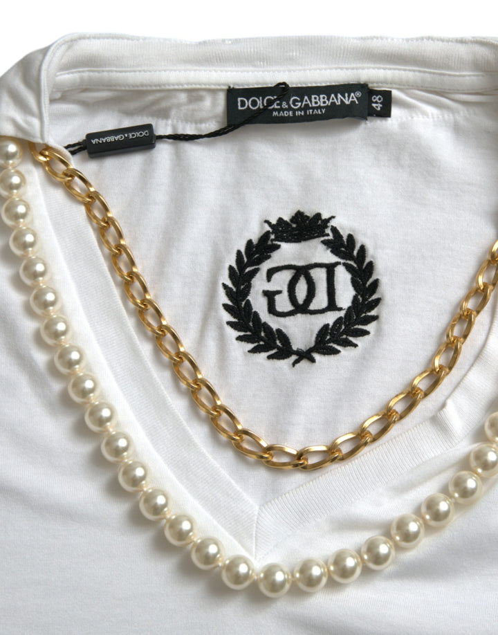 Dolce & Gabbana Elegantes weißes Baumwoll-T-Shirt mit Halsketten-Detail