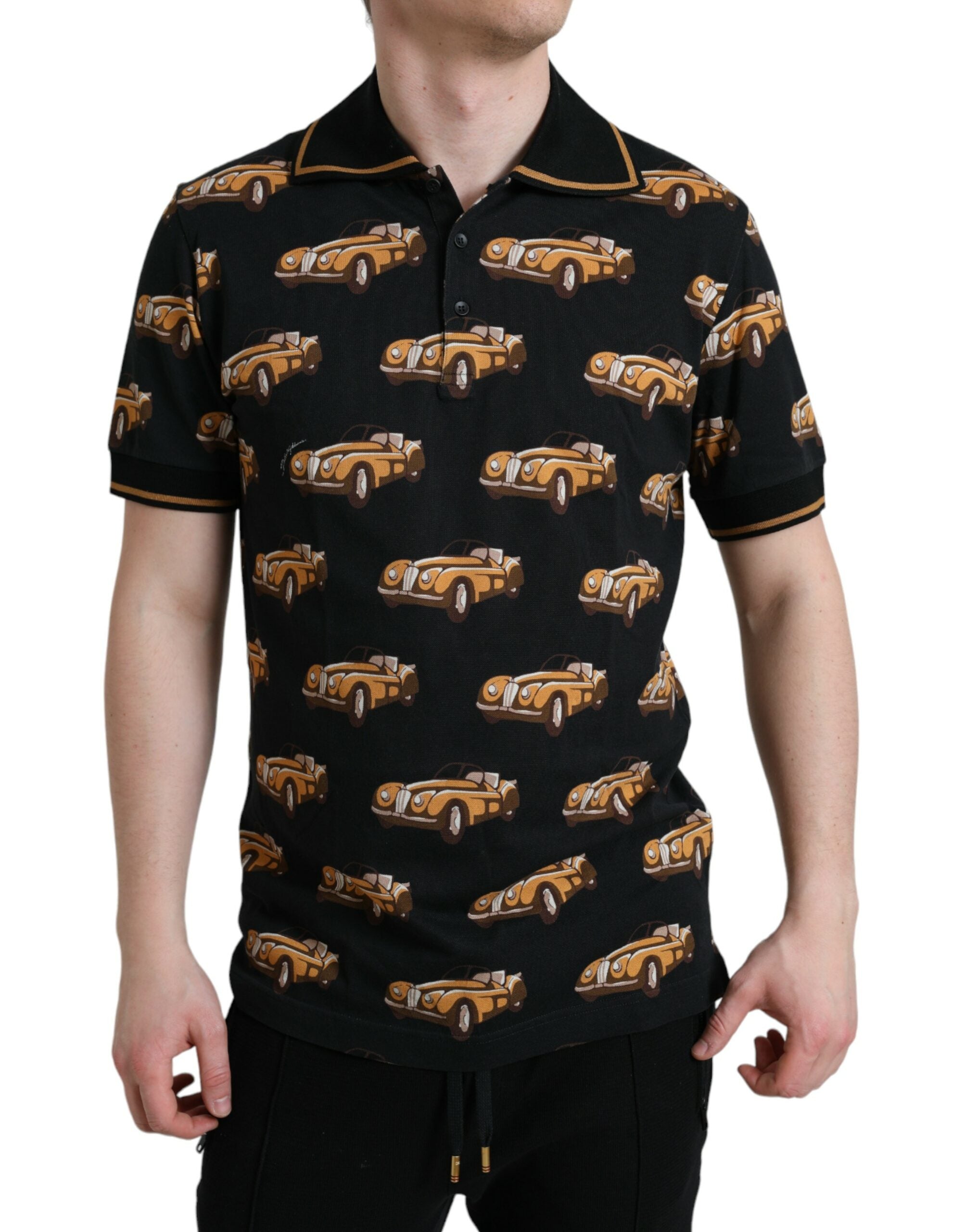 Schwarzes Kurzarm-Polo-T-Shirt mit Autodruck