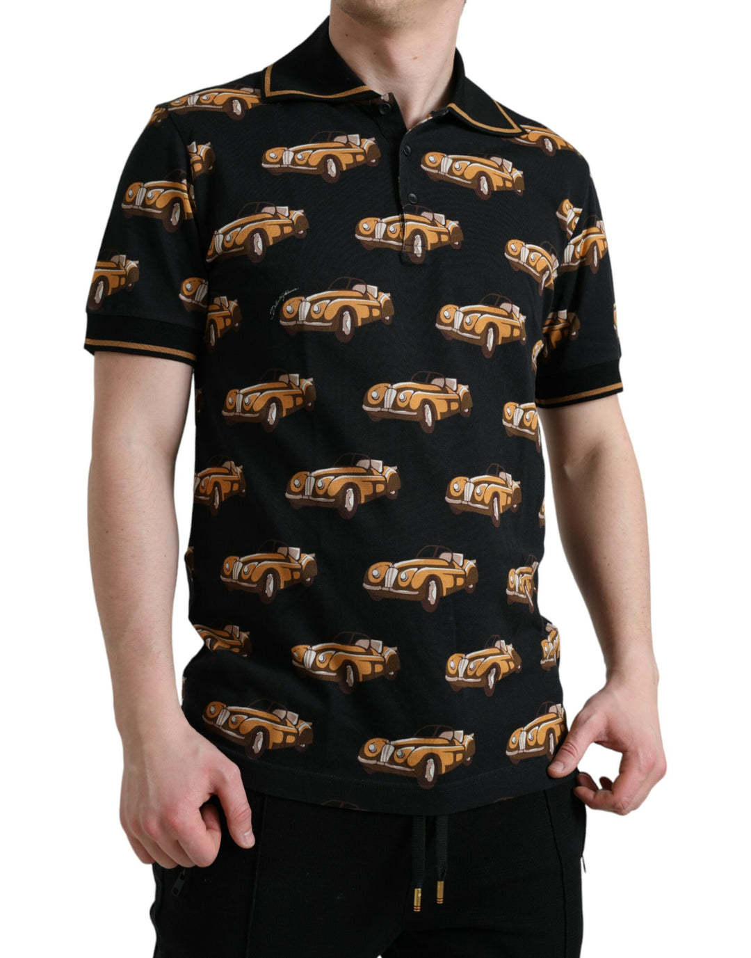 Schwarzes Kurzarm-Polo-T-Shirt mit Autodruck