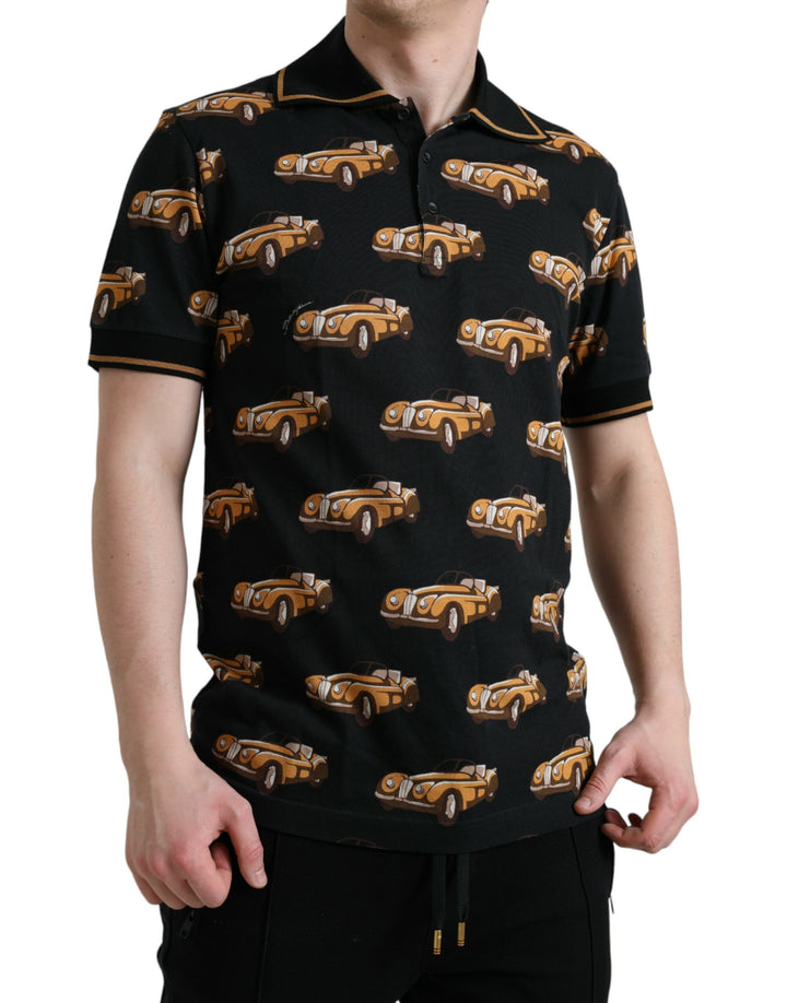 Schwarzes Kurzarm-Polo-T-Shirt mit Autodruck