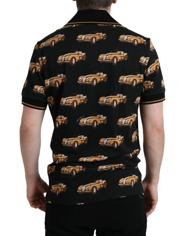 Schwarzes Kurzarm-Polo-T-Shirt mit Autodruck