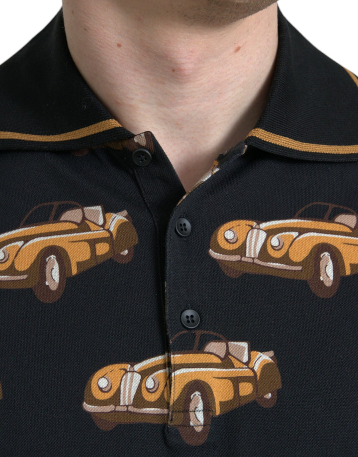 Schwarzes Kurzarm-Polo-T-Shirt mit Autodruck