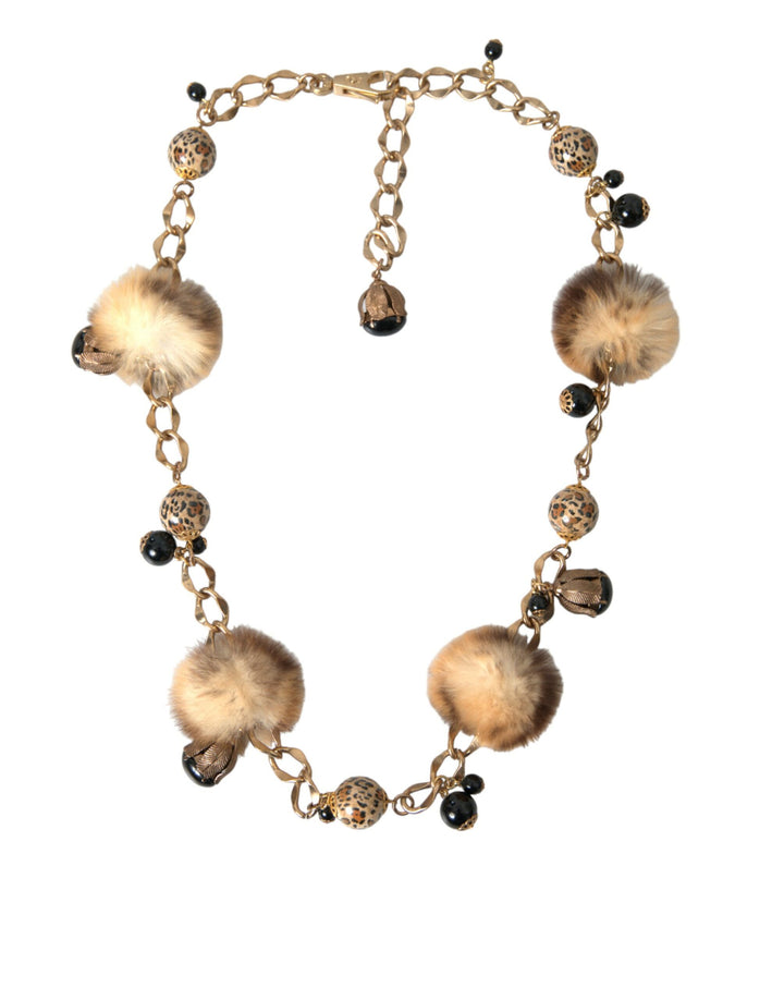 Gold Brass Leopard Fur Pearl Necklace Chain Belt