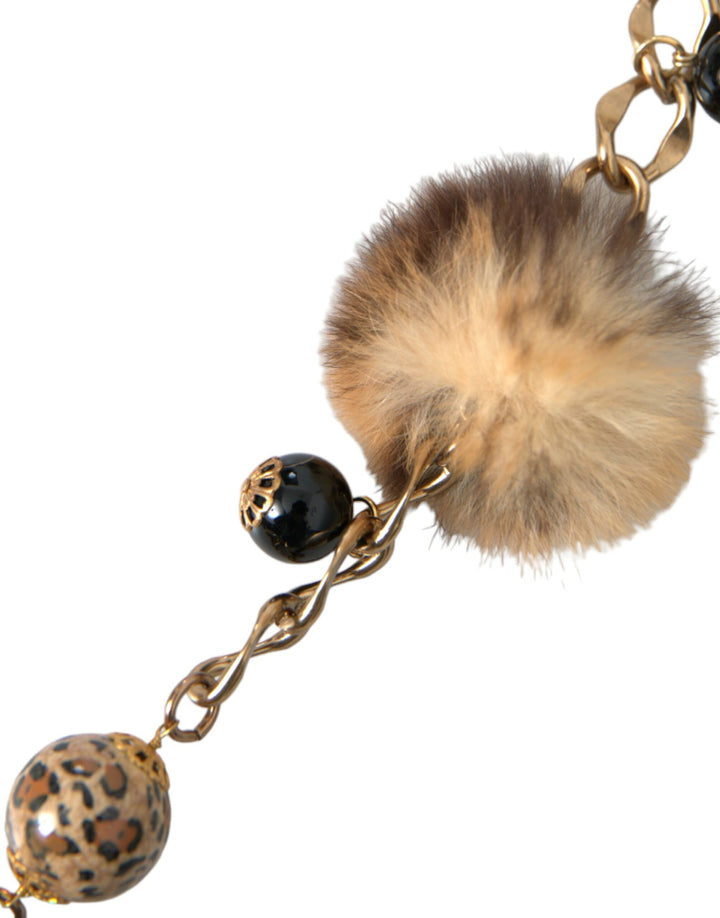 Gold Brass Leopard Fur Pearl Necklace Chain Belt