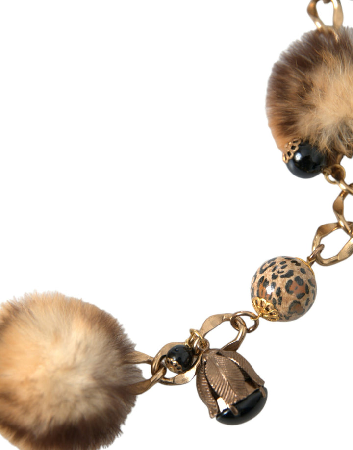 Gold Brass Leopard Fur Pearl Necklace Chain Belt