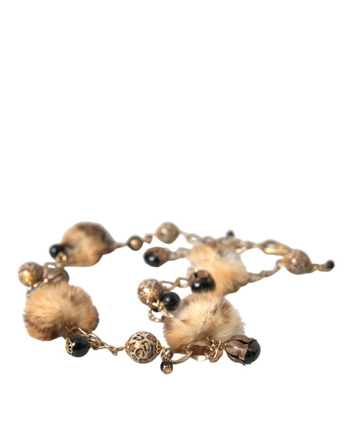 Gold Brass Leopard Fur Pearl Necklace Chain Belt