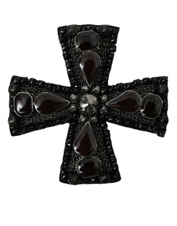 Dolce & Gabbana Schwarze, mit Kristallen verzierte Kreuz-Pin-Brosche