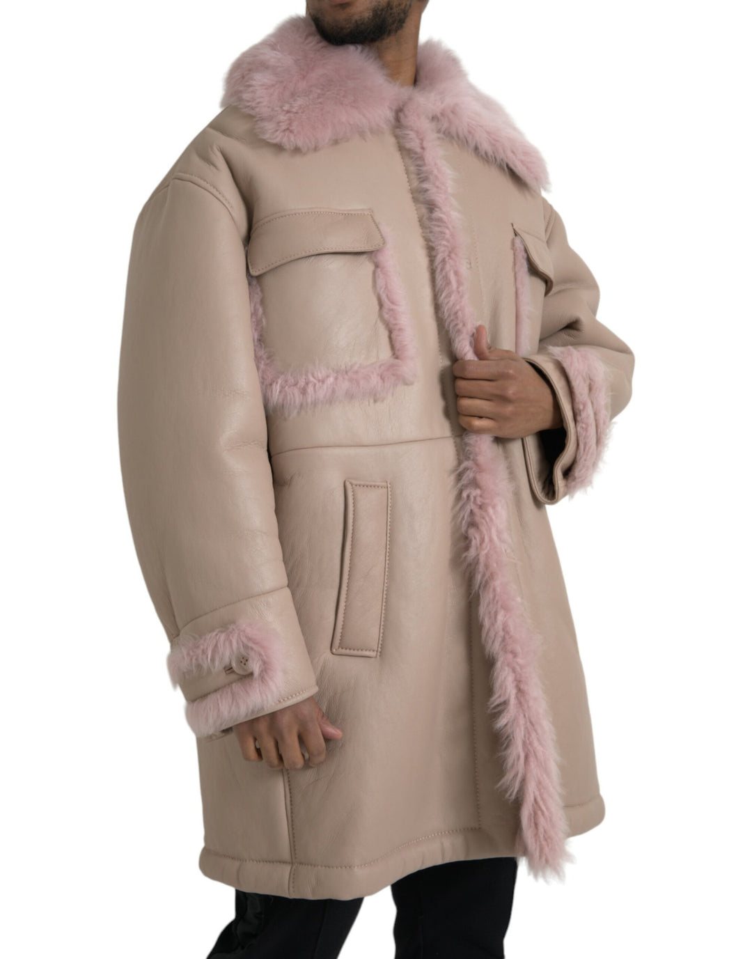 Beige Rosa Lammleder Shearling Mantel Jacke