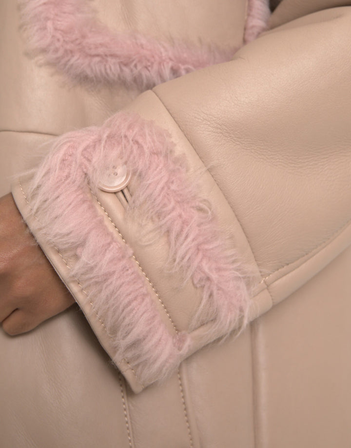 Beige Rosa Lammleder Shearling Mantel Jacke