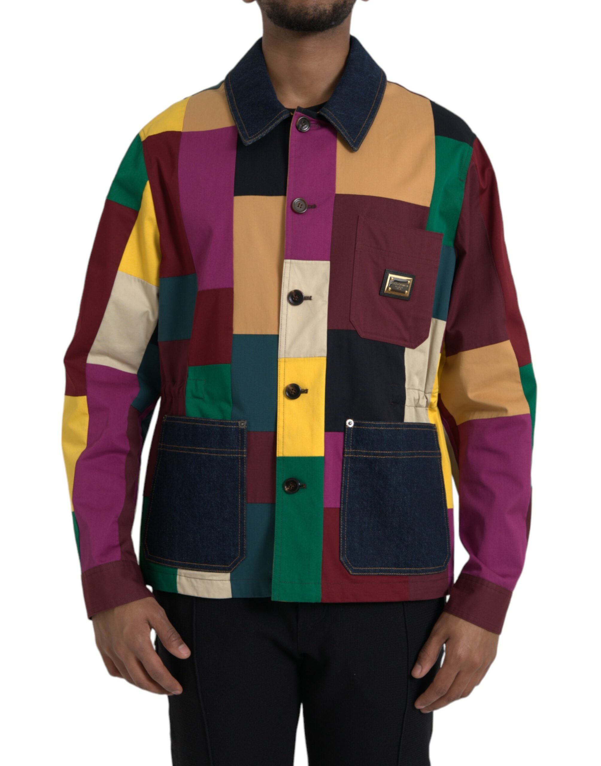 Multicolor patchwork cotton jacket with collar
