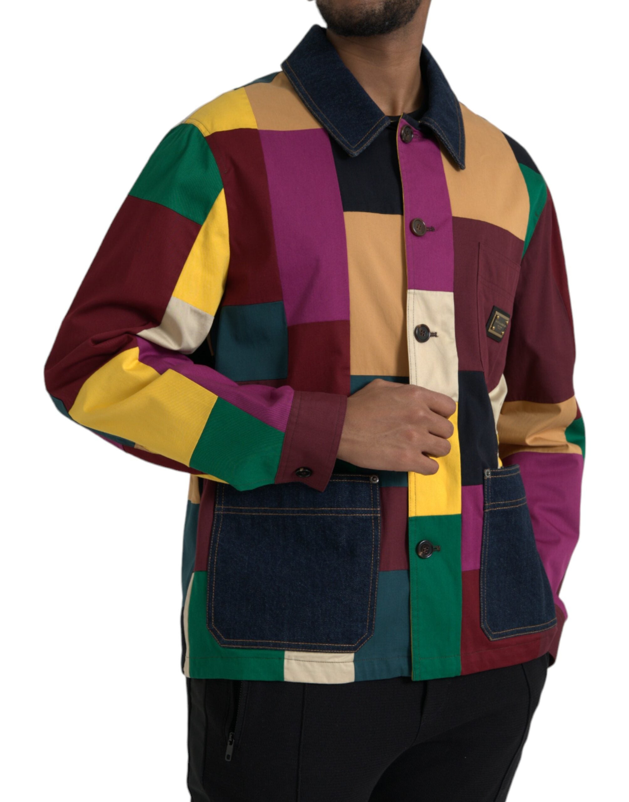 Multicolor patchwork cotton jacket with collar
