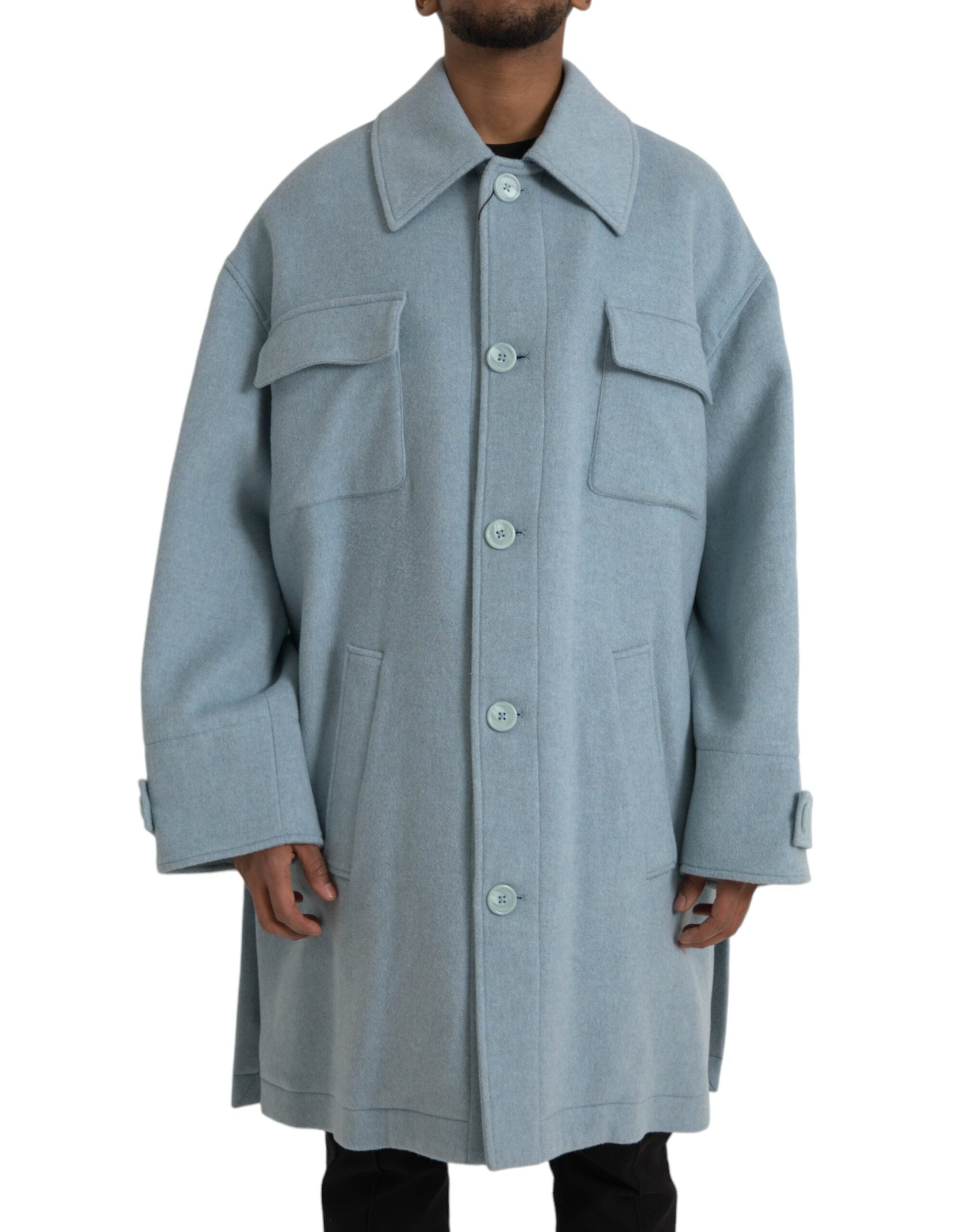Light blue wool coat with button placket trench coat jacket