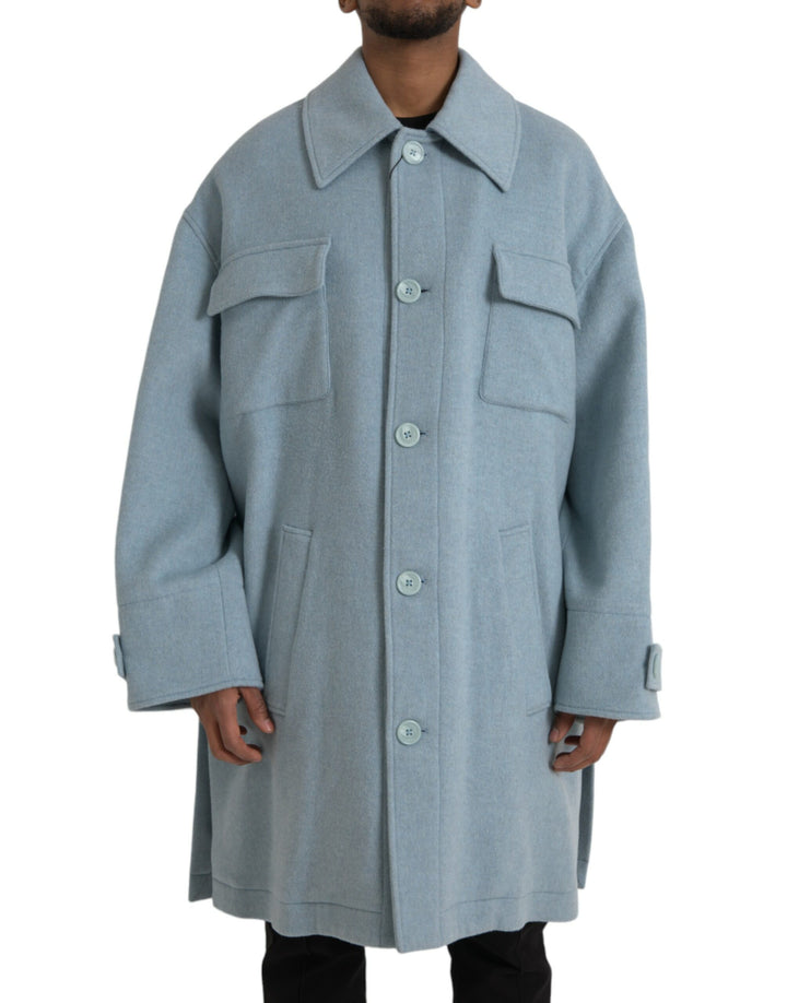 Light blue wool coat with button placket trench coat jacket
