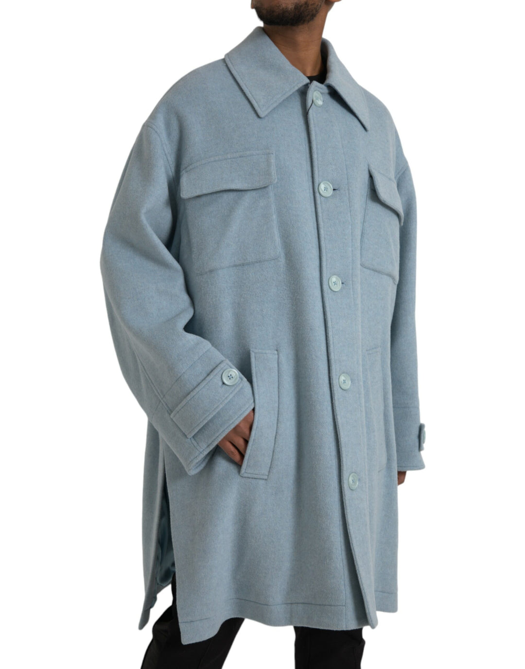 Light blue wool coat with button placket trench coat jacket