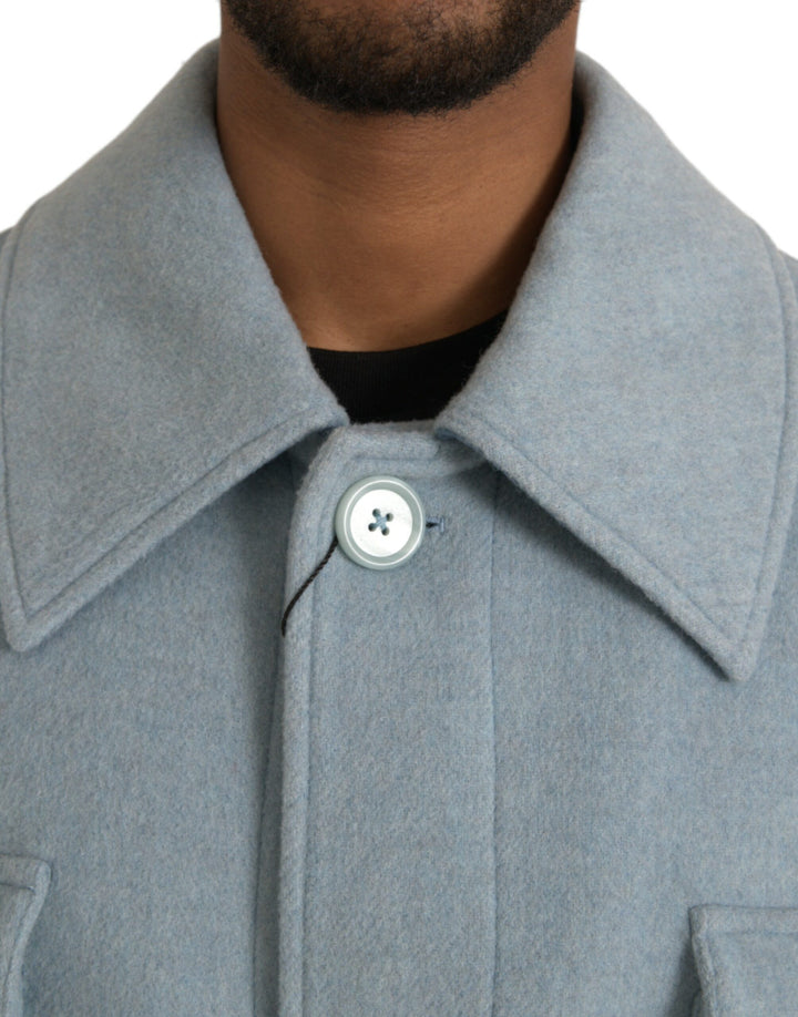 Light blue wool coat with button placket trench coat jacket