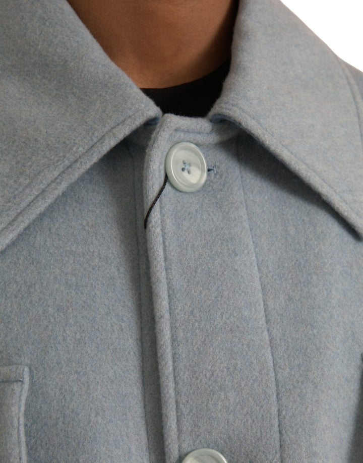 Light blue wool coat with button placket trench coat jacket