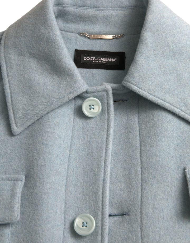 Light blue wool coat with button placket trench coat jacket