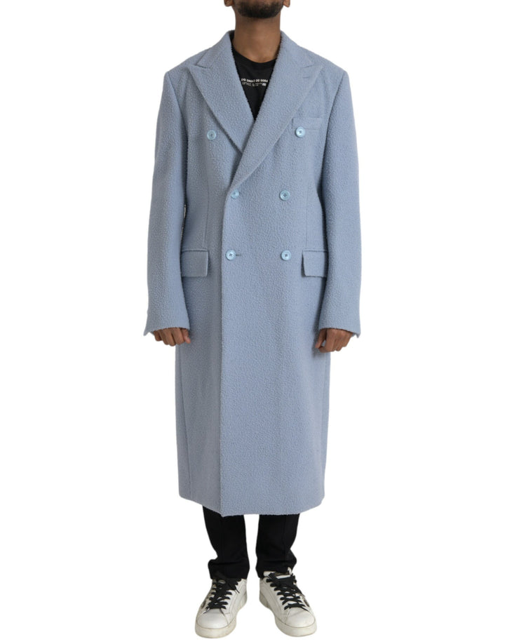 Blue double-breasted long trench coat jacket