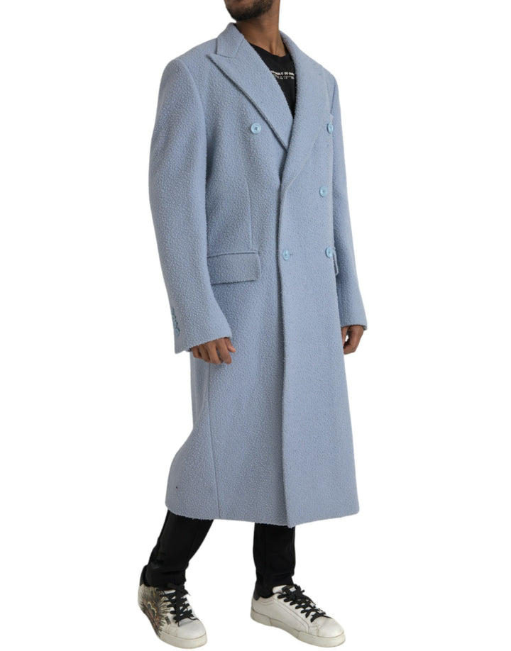 Blue double-breasted long trench coat jacket