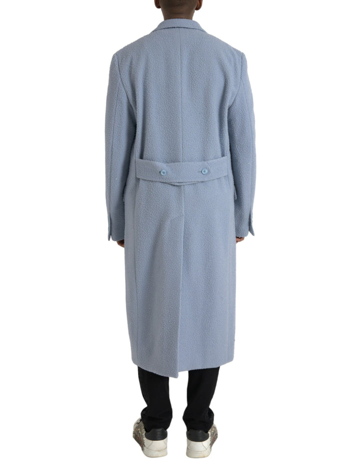Blue double-breasted long trench coat jacket