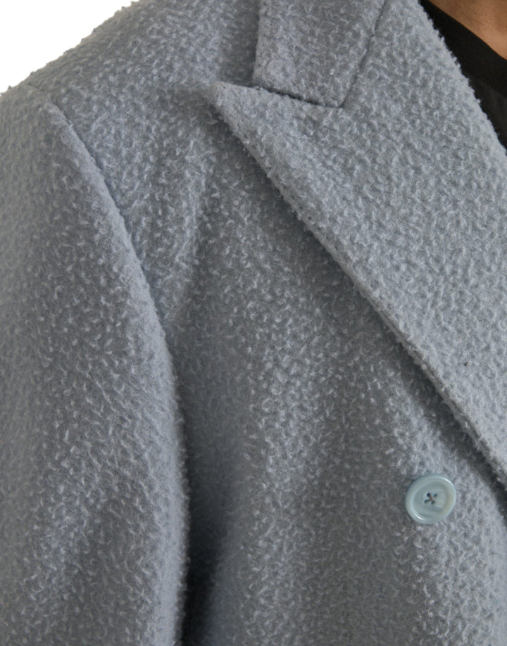 Blue double-breasted long trench coat jacket