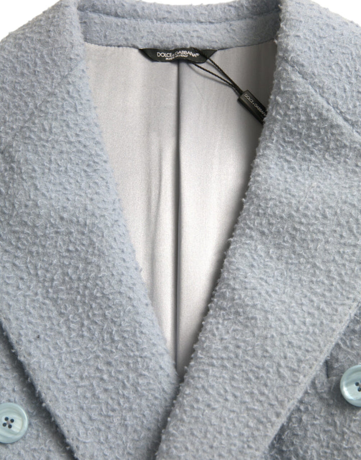 Blue double-breasted long trench coat jacket