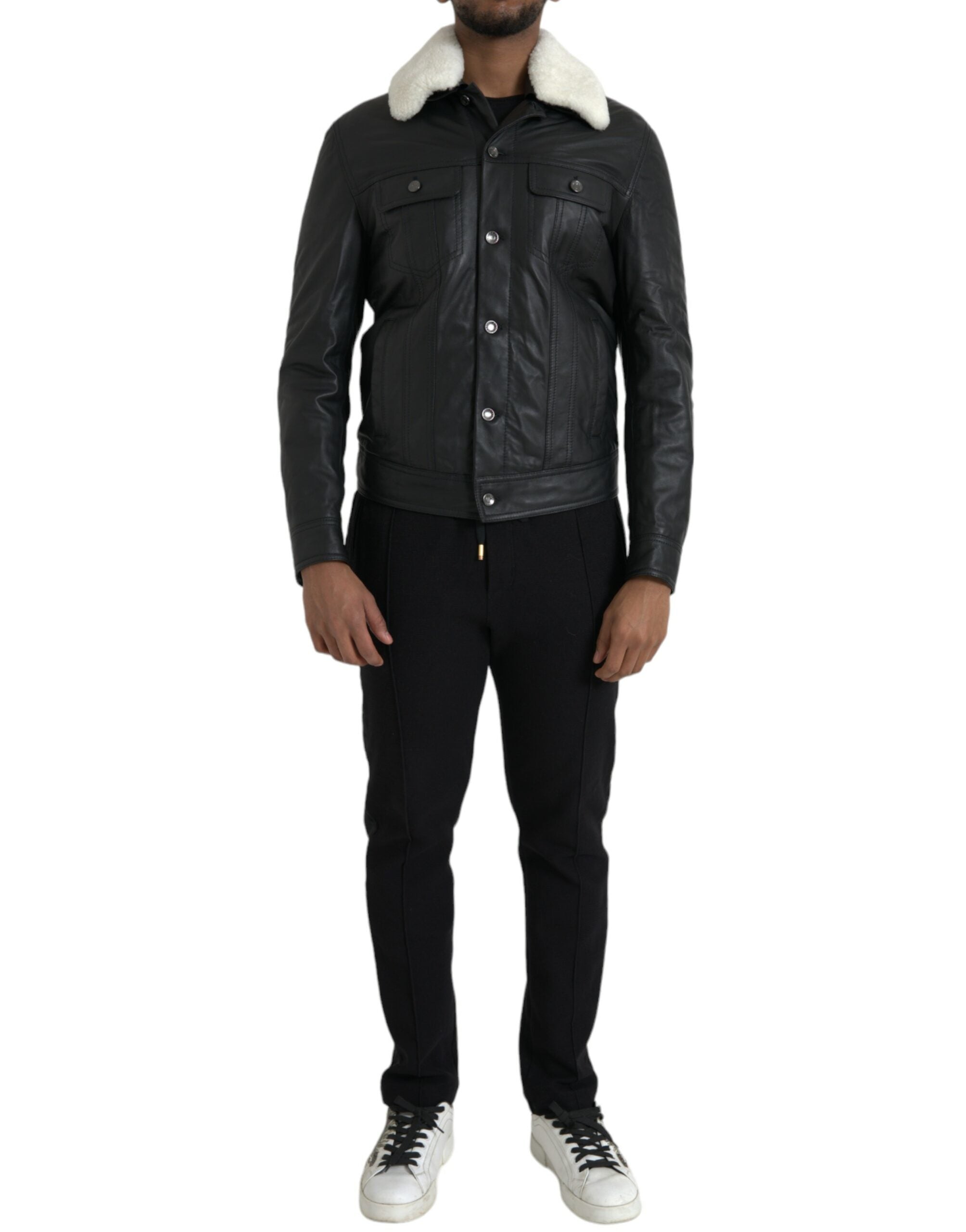Black leather fur collar biker coat jacket