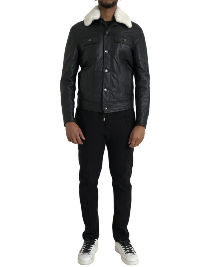 Schwarzes Leder Pelzkragen Bikermantel Jacke