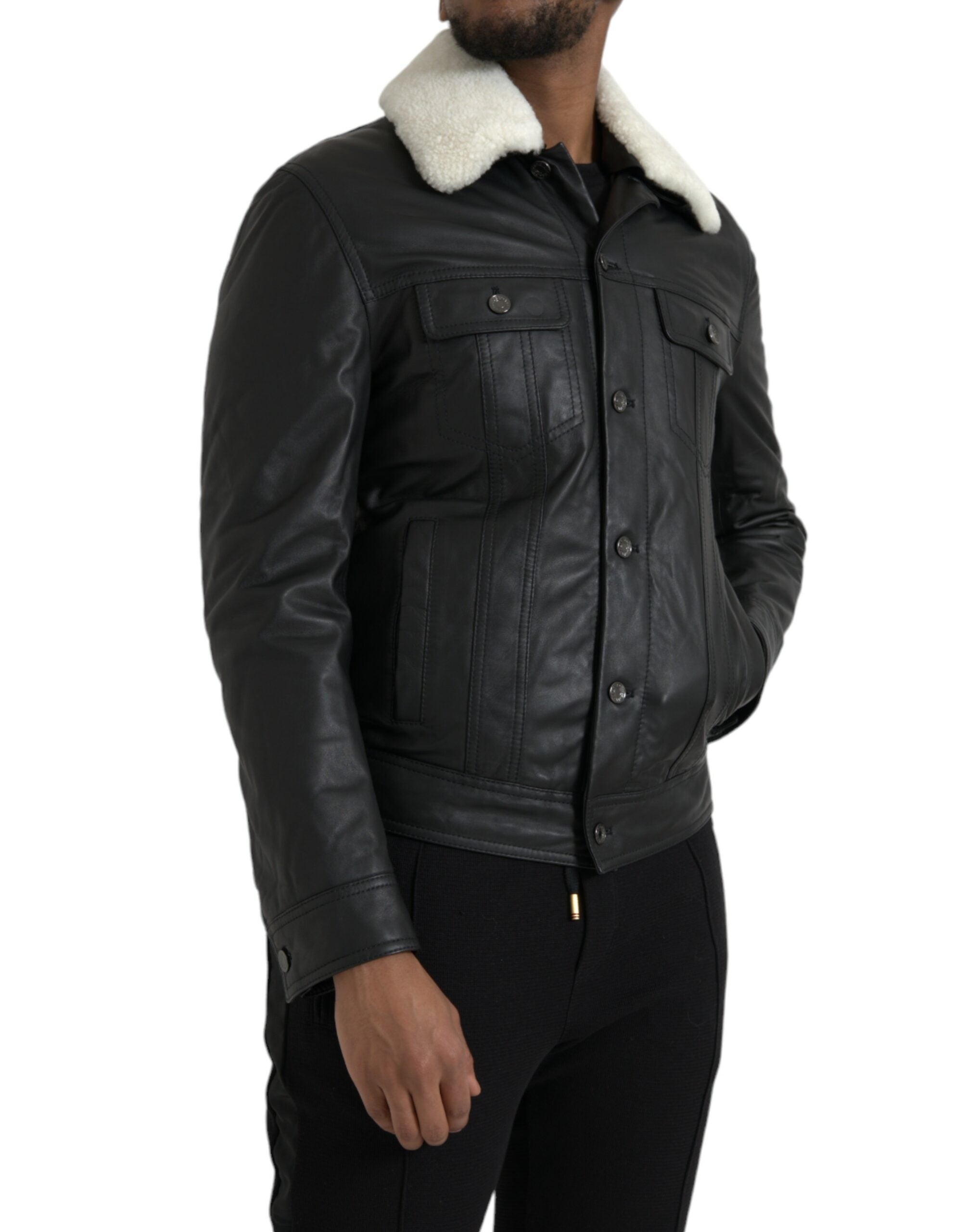 Black leather fur collar biker coat jacket