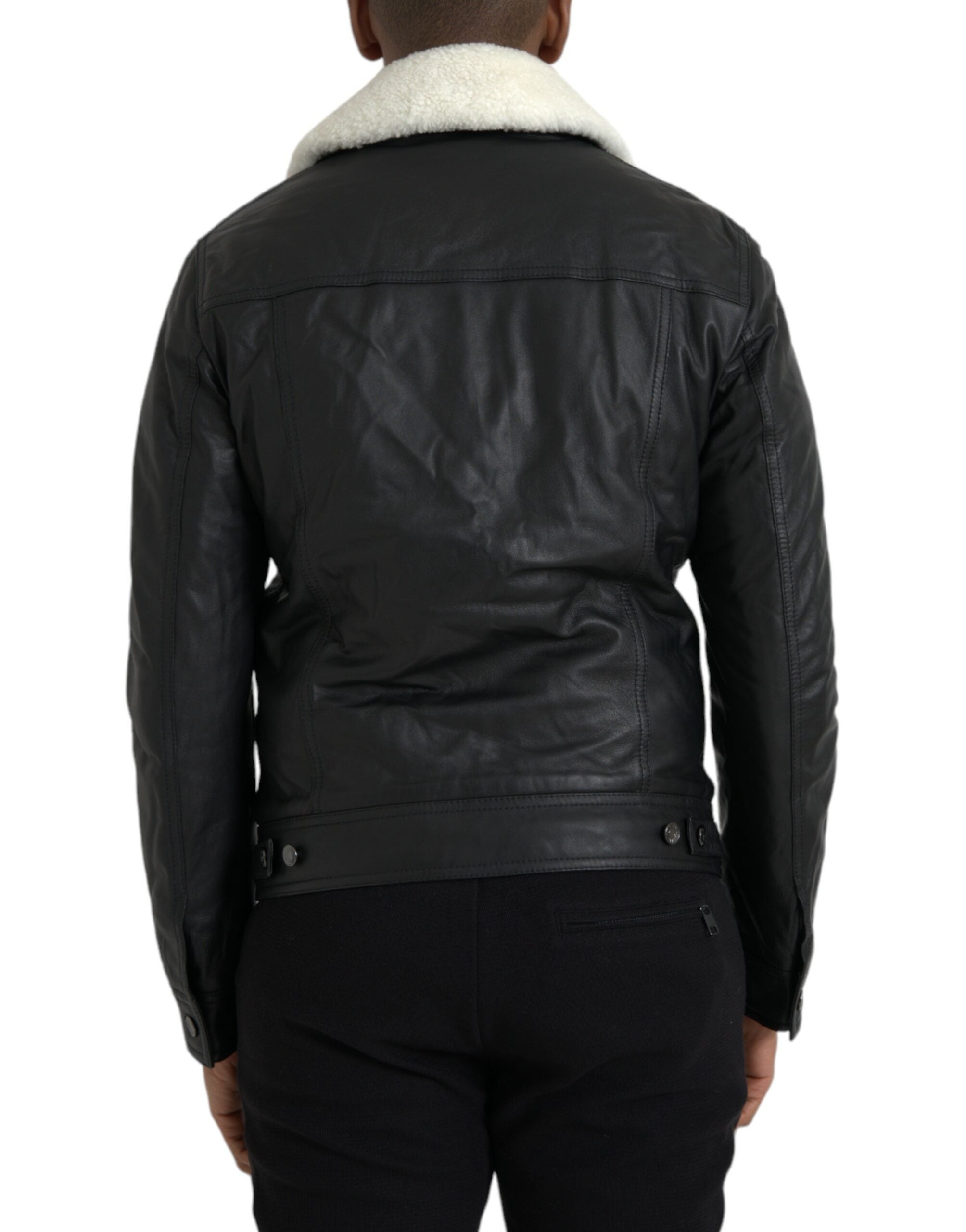 Black leather fur collar biker coat jacket
