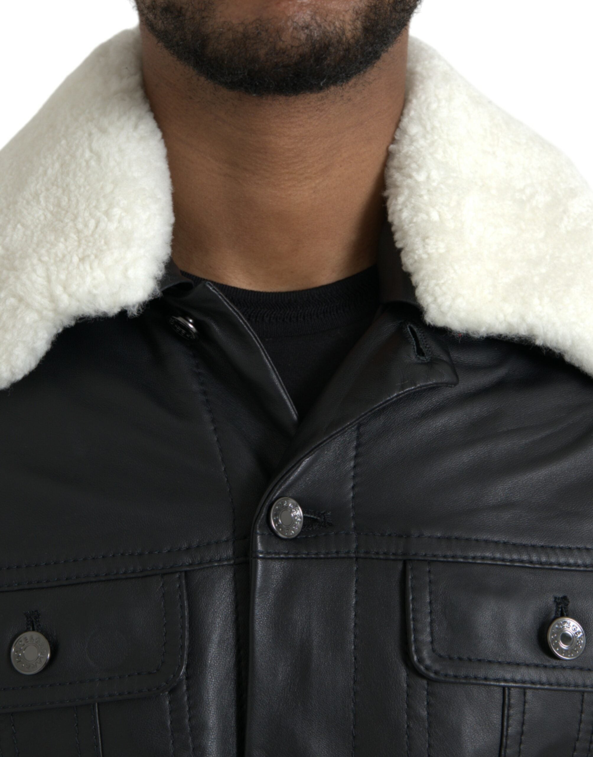 Black leather fur collar biker coat jacket