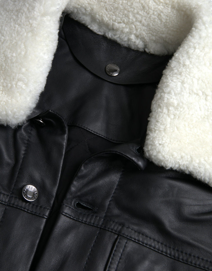 Schwarzes Leder Pelzkragen Bikermantel Jacke