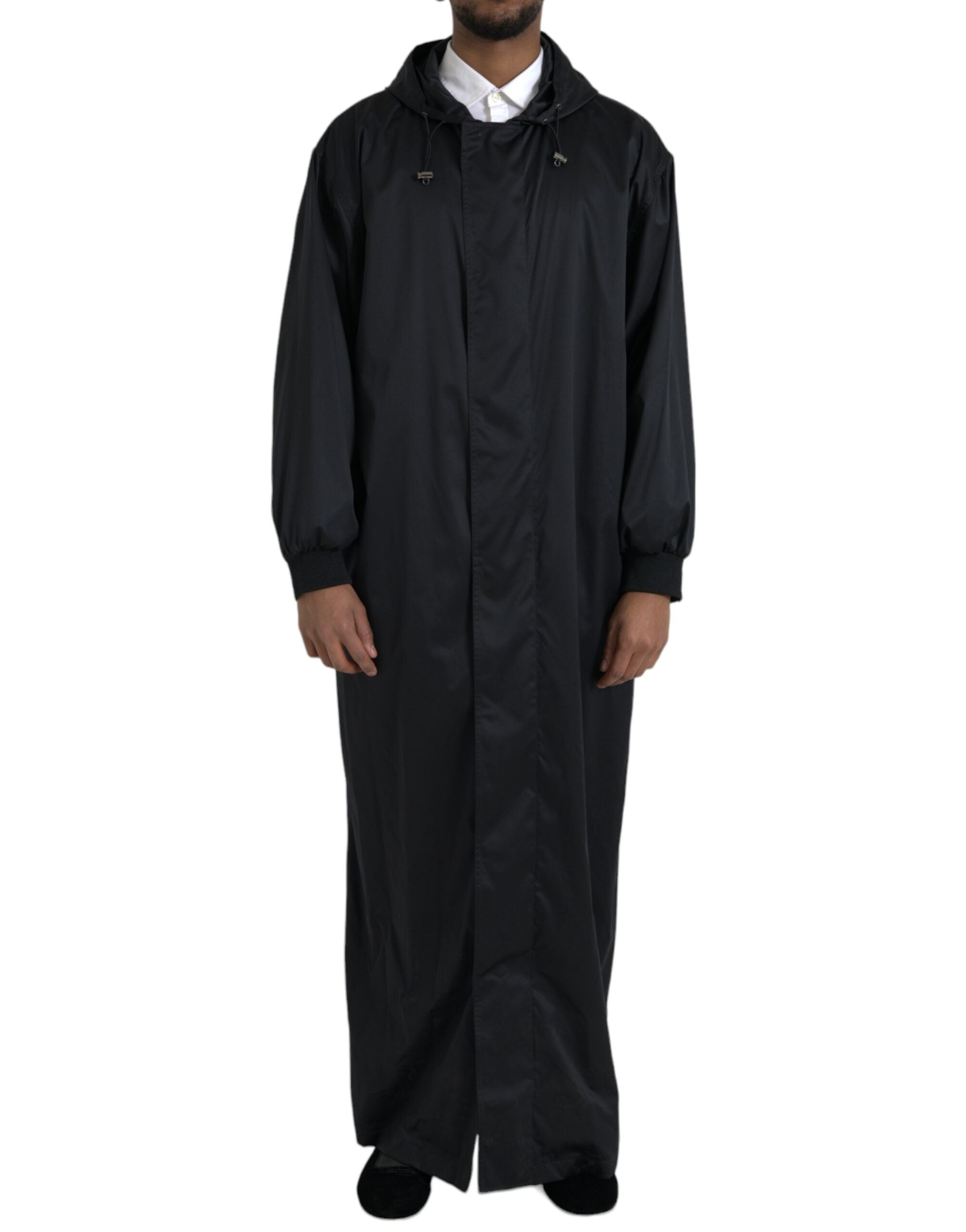 Black long windbreaker jacket with hood made of polyester