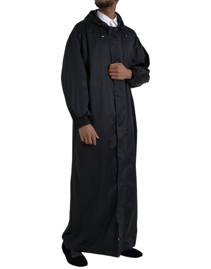 Black long windbreaker jacket with hood made of polyester