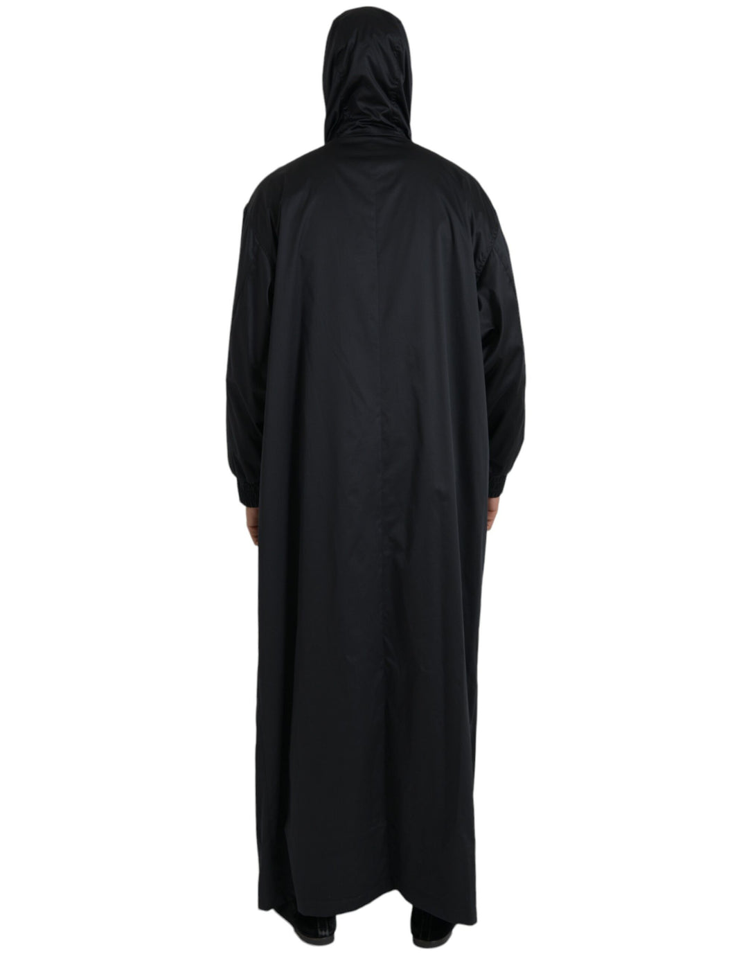 Black long windbreaker jacket with hood made of polyester